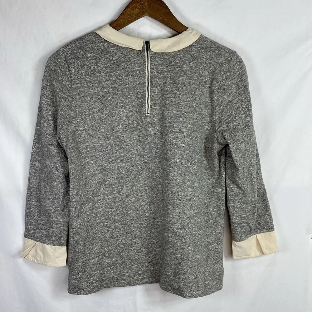J. Crew Gray with Cream Silk Trim Peter Pan Collar Long Sleeve Shirt Top, Size S